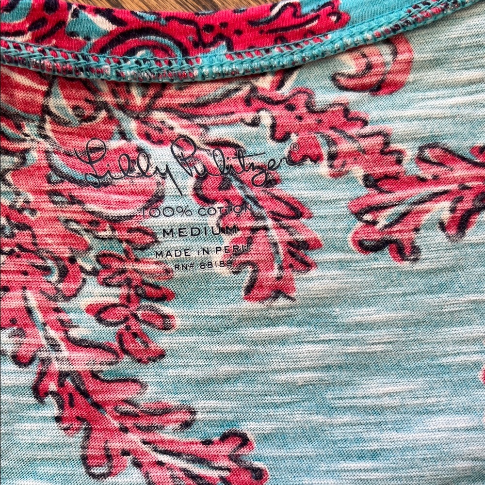 Lilly Pulitzer Turquoise & Pink Short Sleeve V-Neck Tee - Picture 2 of 8